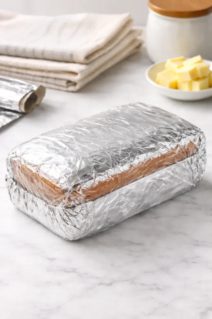 Wrapped pound cake stored on counter for later use