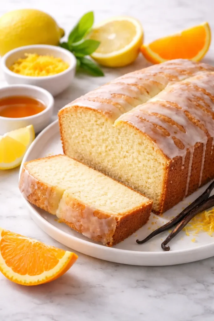Pound cake with citrus zest accents on a plate