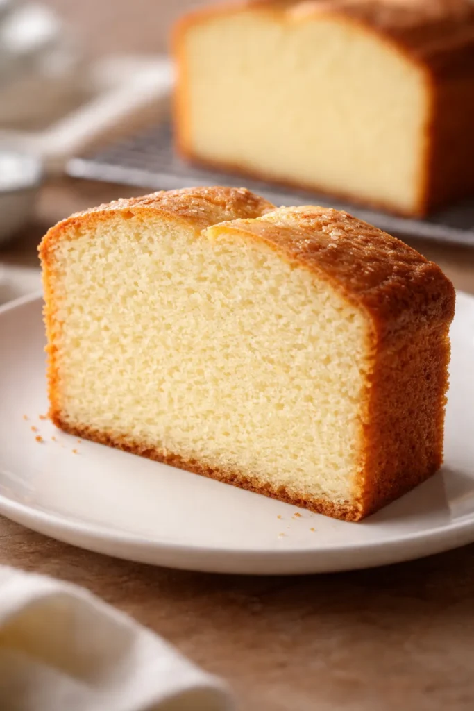 Slice of whipped cream pound cake on a plate, dense crumb