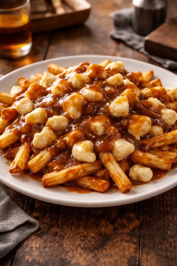 Close-up of Quebec poutine with fries, cheese curds, and gravy on a plate