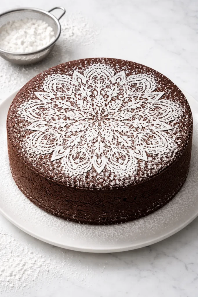 Dark chocolate cake with lace pattern created by powdered sugar stencil