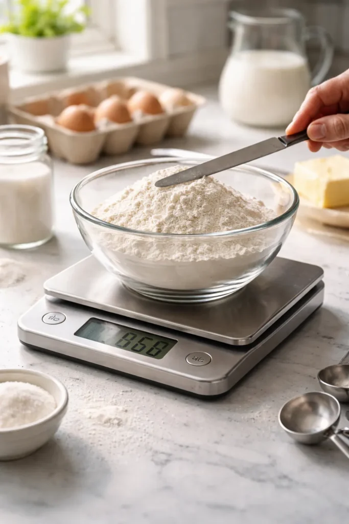Measuring ingredients with a scale and leveling tool to ensure precision