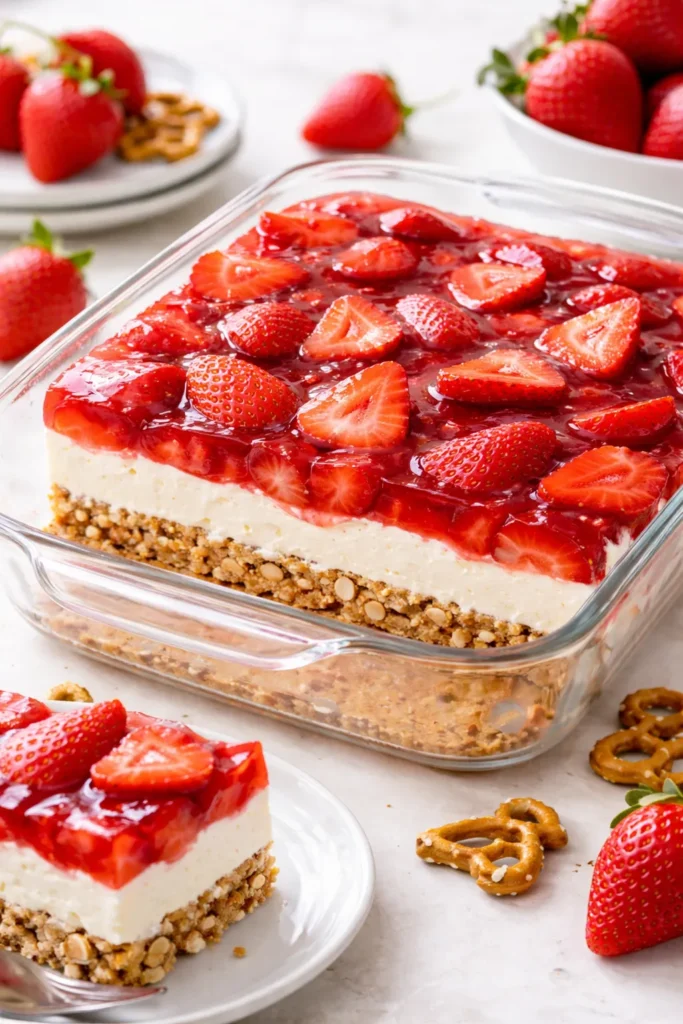 Three-layer sugar-free strawberry pretzel salad in a glass dish.