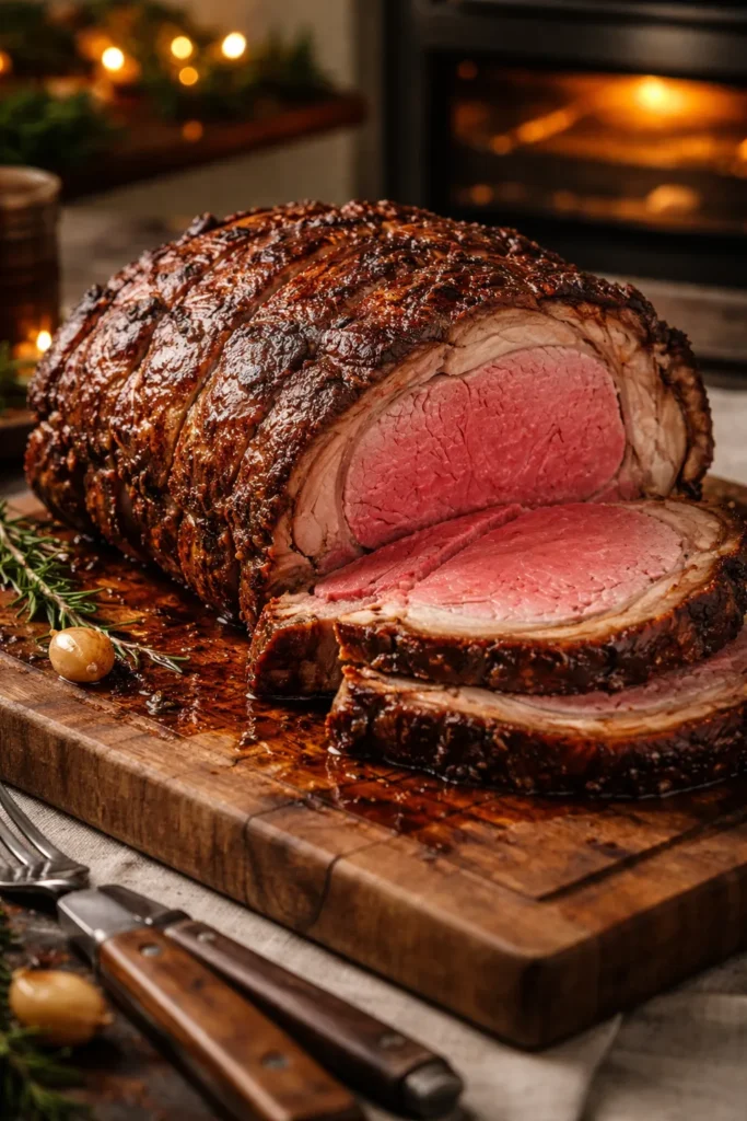Prime rib roast with mahogany crust on wooden board