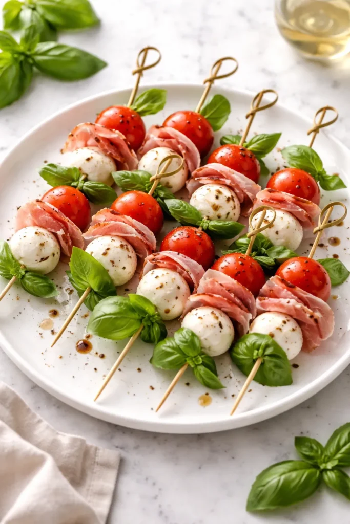 Caprese and prosciutto skewers on a white plate