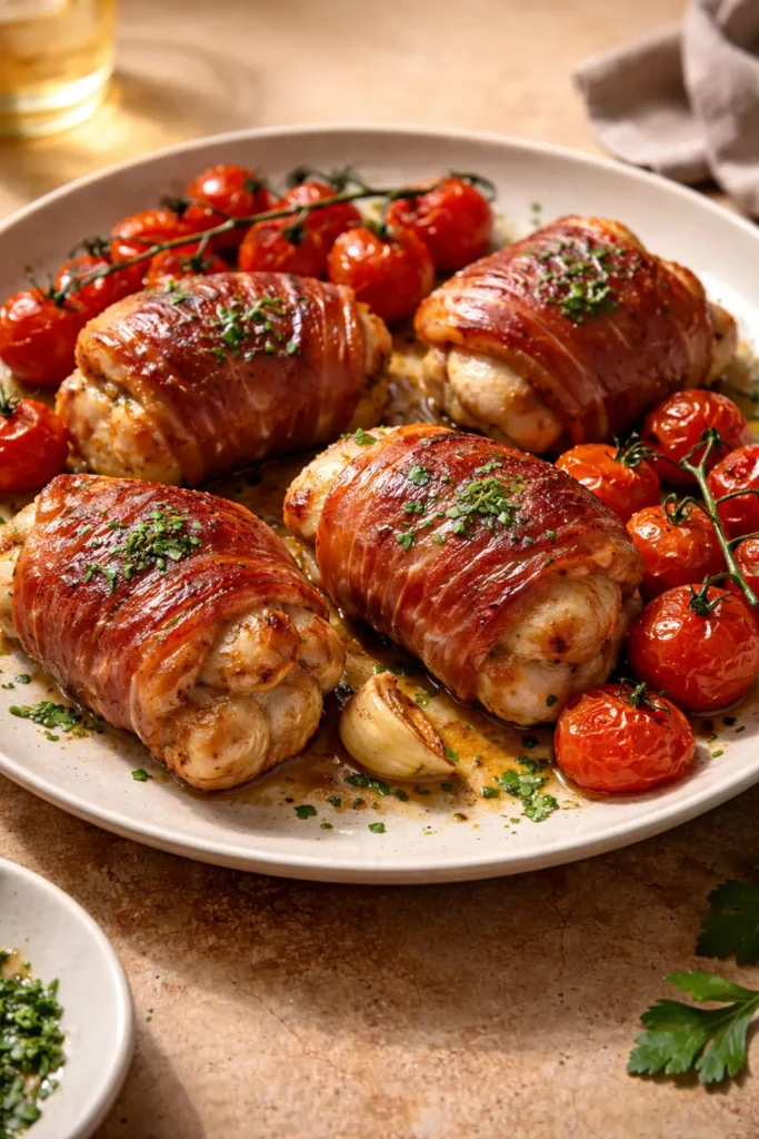 Prosciutto-wrapped chicken thighs with roasted cherry tomatoes