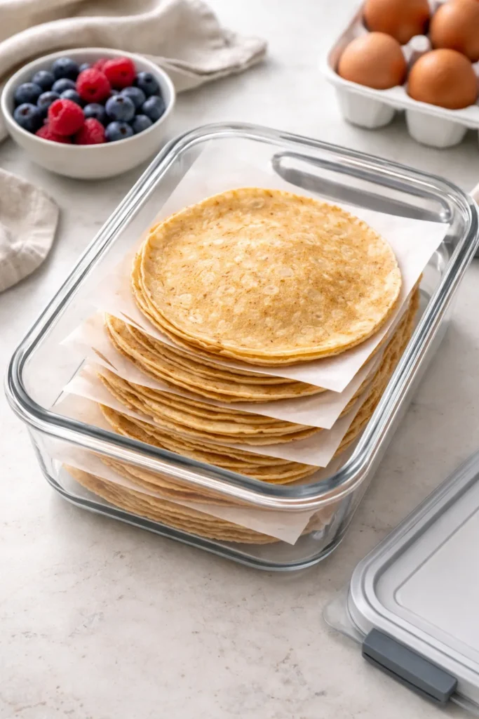 Stack of crepes with parchment between layers in a container