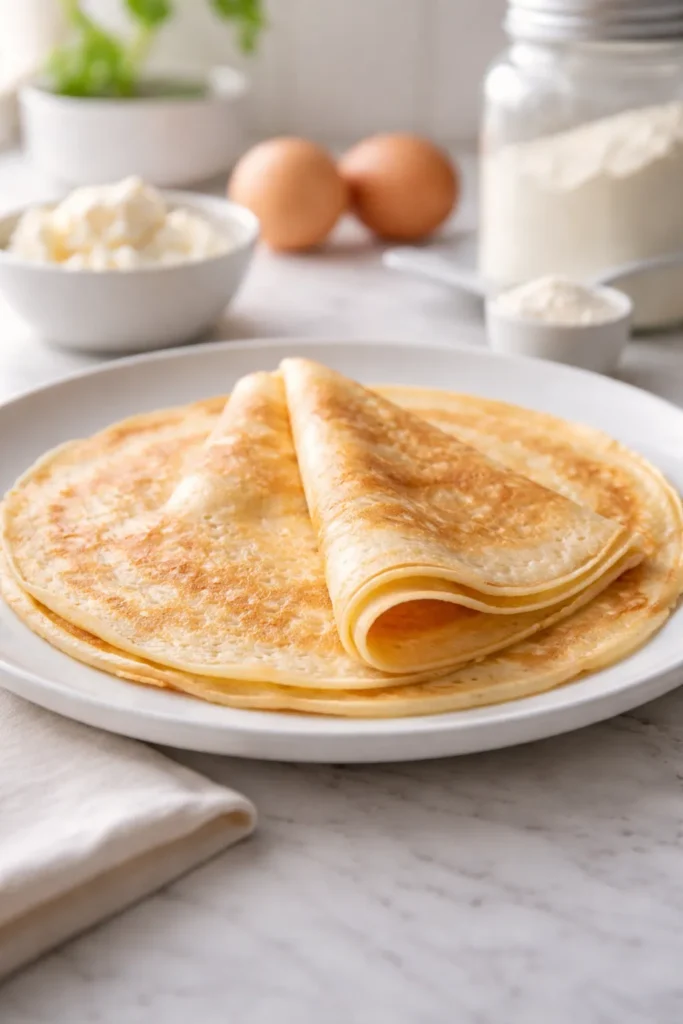 Two simple egg and protein powder crepes on a plate