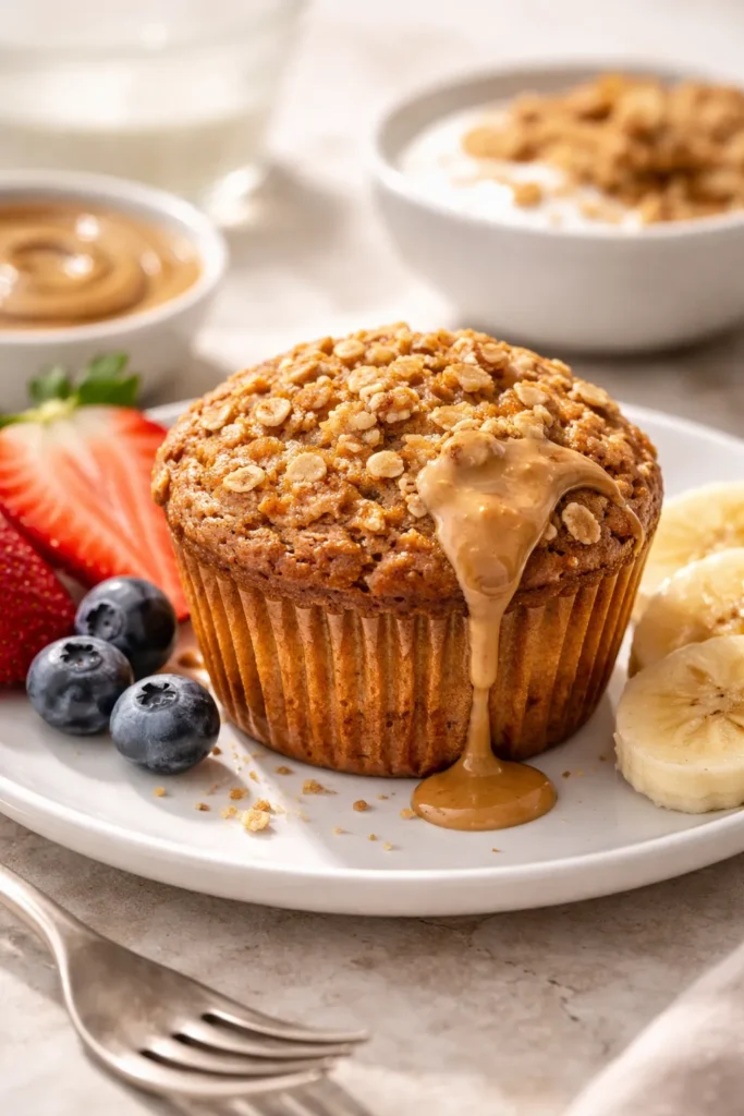 Protein muffin on plate with almond butter hint, suggests pairing ideas