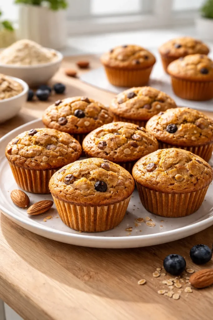 Close-up of golden protein muffins on a plate in a bright kitchen