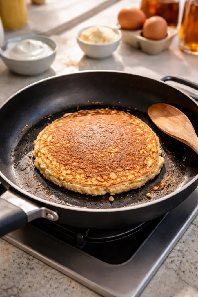 Close-up of a protein pancake in a nonstick skillet with crumbly edges and uneven browning