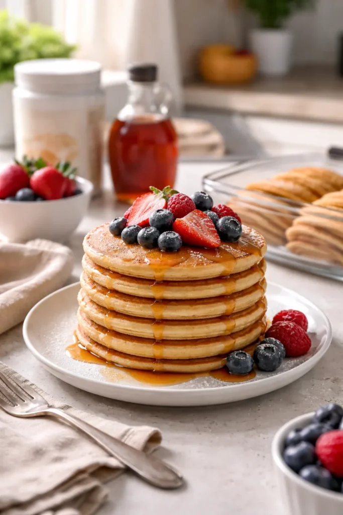Stack of protein pancakes on a plate bathed in soft morning light