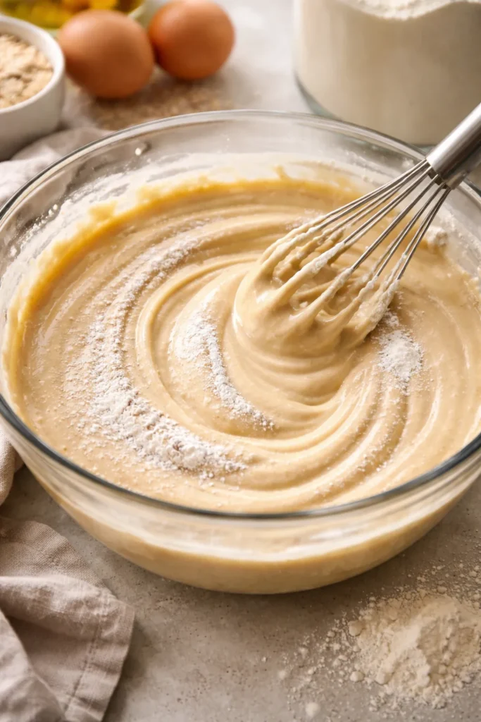 Close-up of pancake batter showing moisture absorption from protein powder