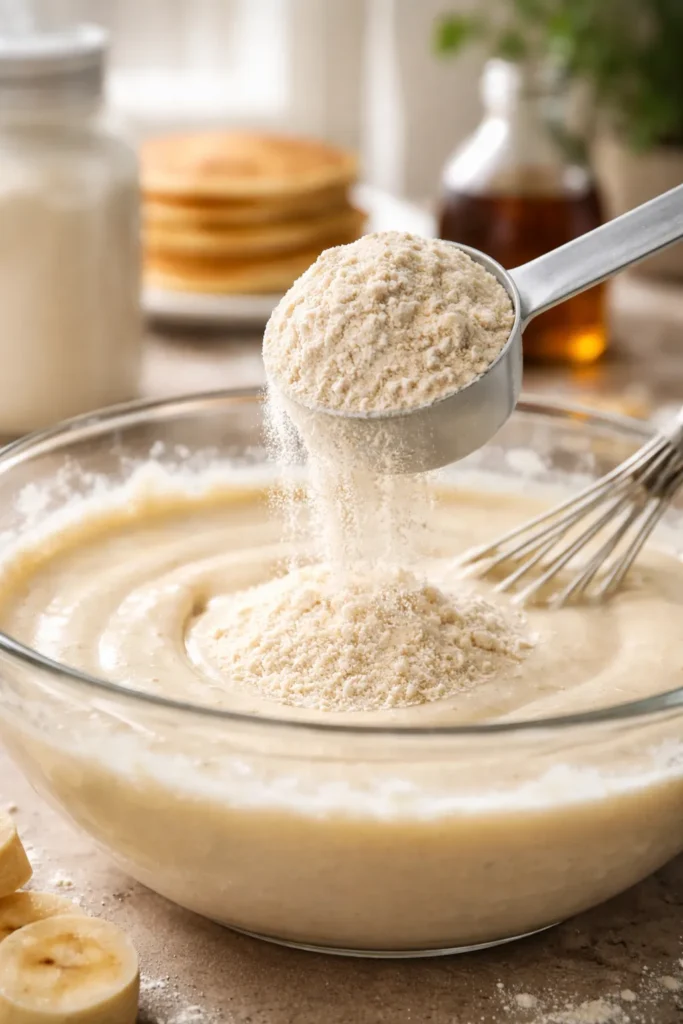 Scoop of protein powder above batter illustrating powder choice for pancakes