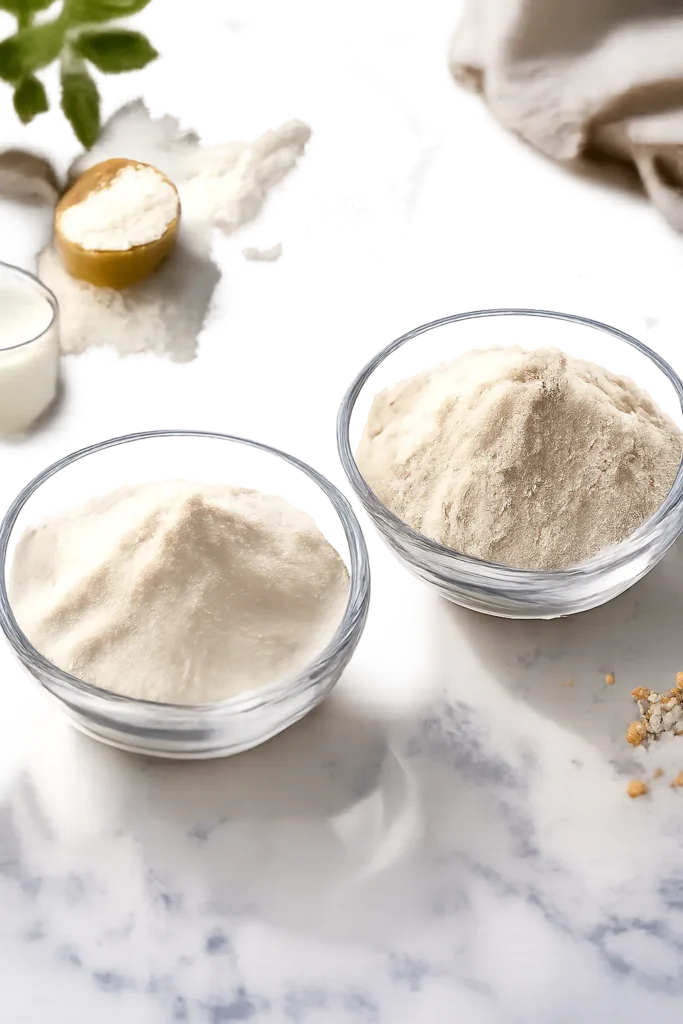 Two bowls of protein powder on marble surface, showing texture differences between whey isolate and plant-based powders