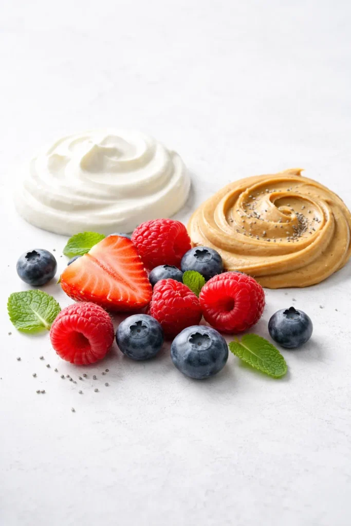 Protein toppings arranged on a plate: Greek yogurt, a swirl of nut butter, and berries