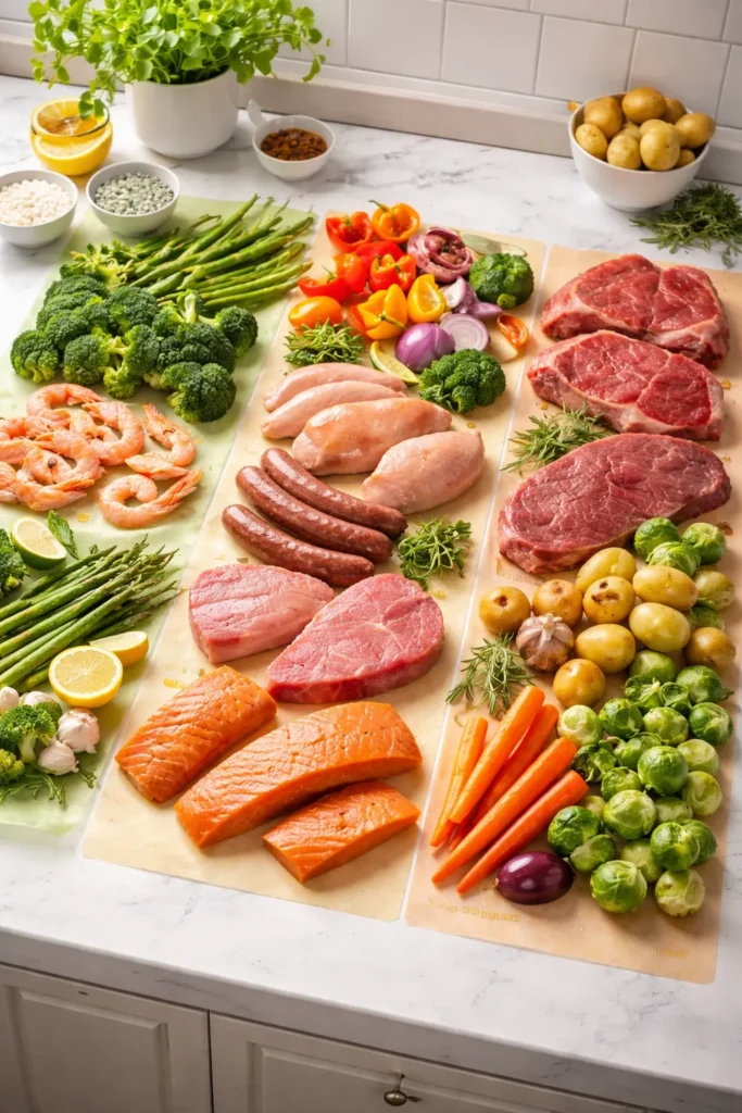 Conceptual layout of proteins and vegetables grouped for even sheet-pan cooking.