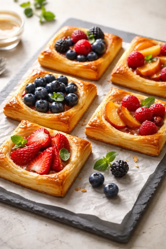 Golden puff pastry tarts with fresh fruit on a slate board