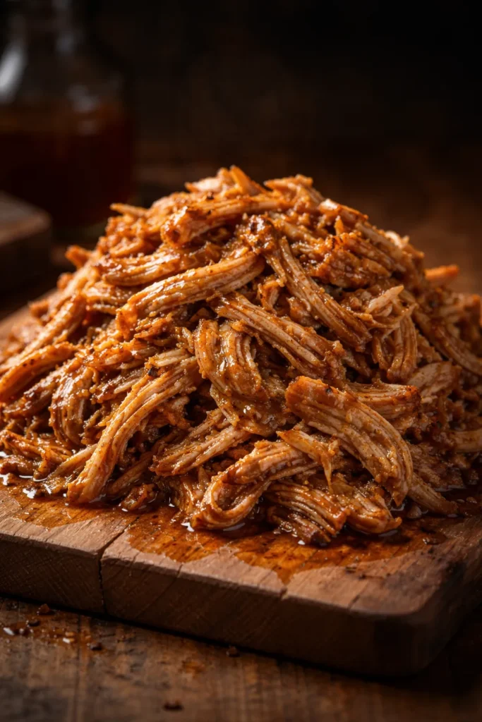 Pulled pork BBQ mound with glossy sauce on wood surface