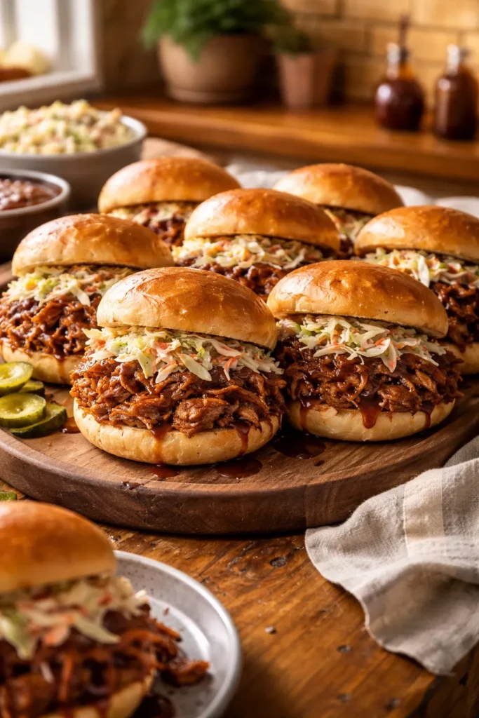 Close-up of pulled pork sandwiches on a rustic wooden board