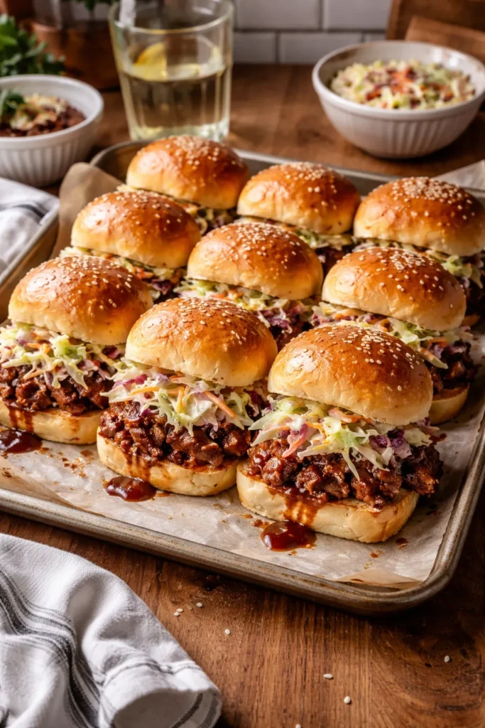 Close-up of BBQ Pulled Pork Sliders with glossy sauce