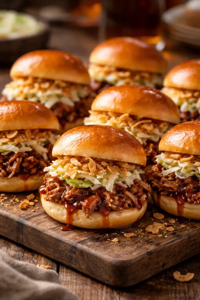Close-up of Classic BBQ Pulled Pork Sliders with Coleslaw on a wooden board