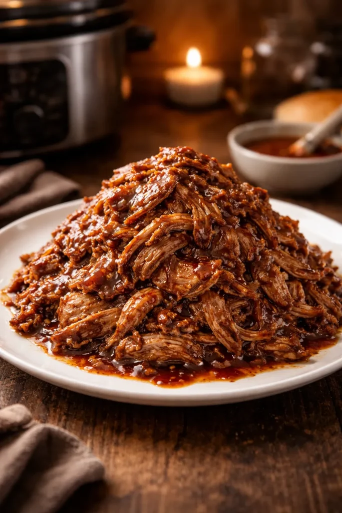 Heap of pulled pork on a plate with a glossy BBQ glaze.