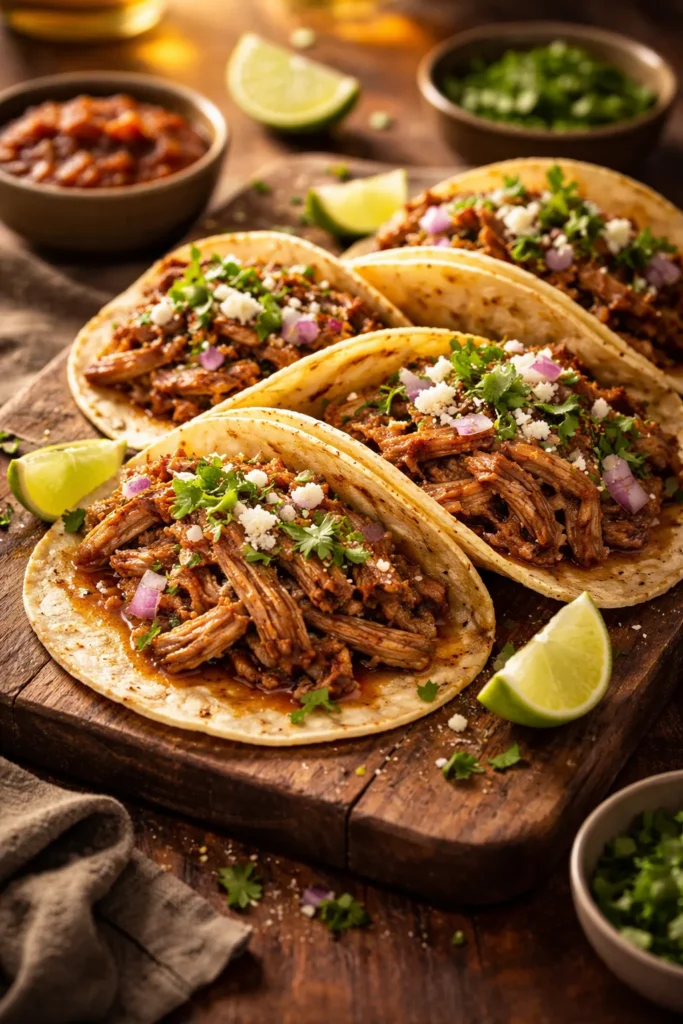 Close-up of pulled pork tacos on a wooden board with tortillas and pork filling