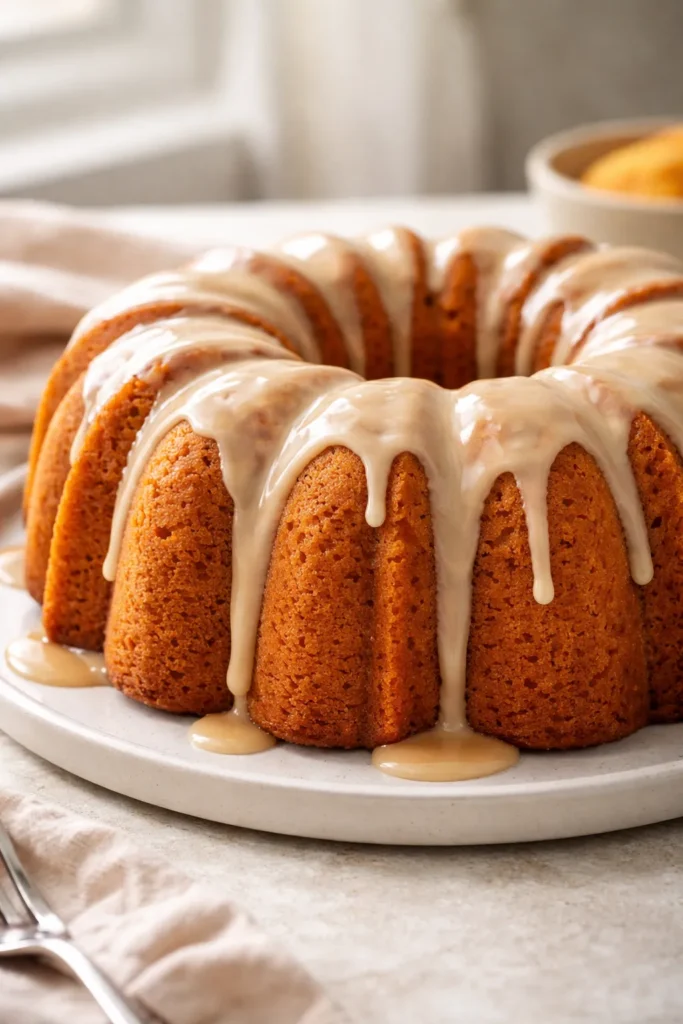 Pumpkin Bundt cake with maple glaze on neutral backdrop