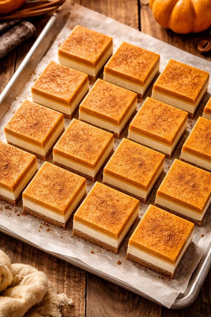 Top-down view of pumpkin cheesecake bars cut into neat squares