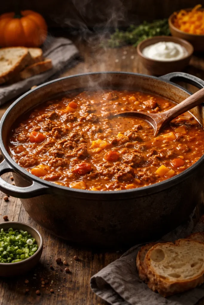 Thick pumpkin chili in a rustic pot with steam rising