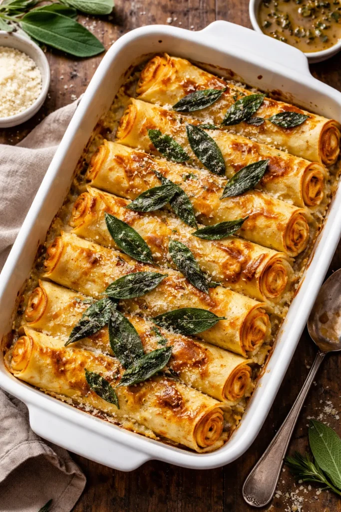 Close up of baked pumpkin crespelle with ricotta filling and crispy sage leaves in a ceramic dish
