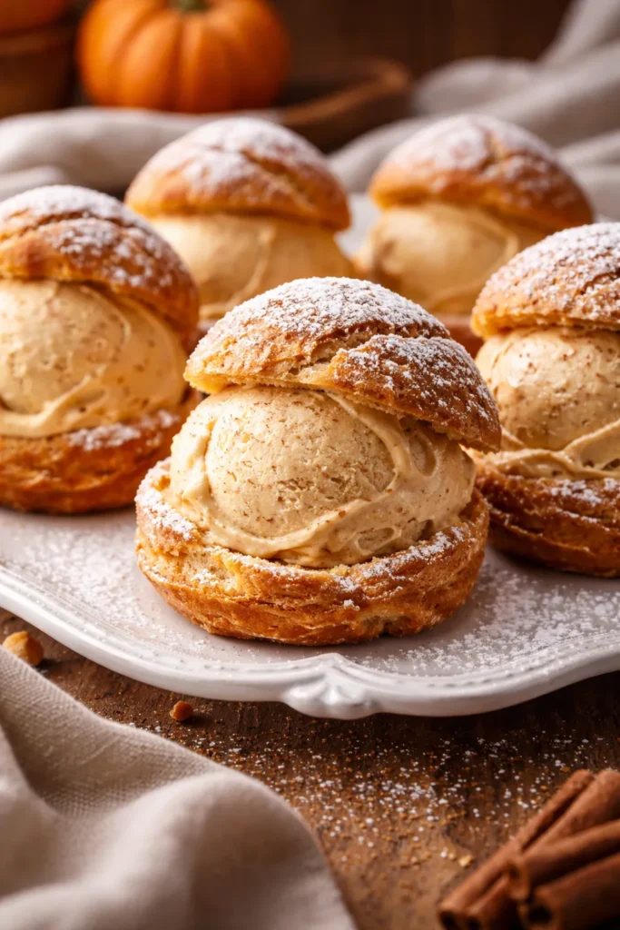 Golden cream puffs filled with a scoop of spiced pumpkin ice cream and powdered sugar
