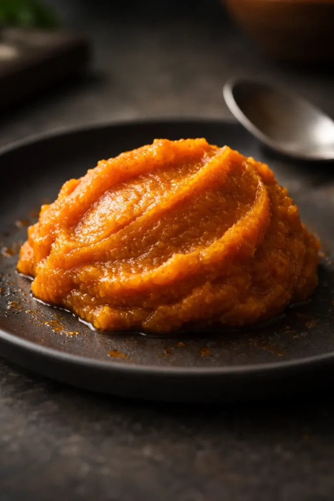 Pumpkin puree scoop showing moisture in a minimalist setup