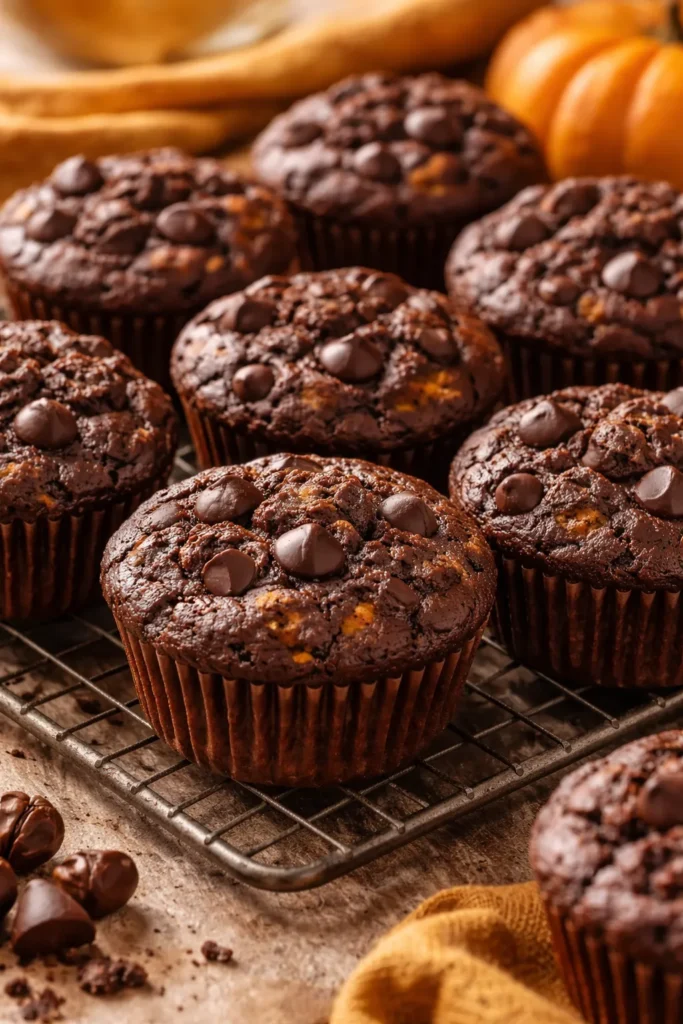 Close-up of chocolate pumpkin protein muffins with chocolate chips.