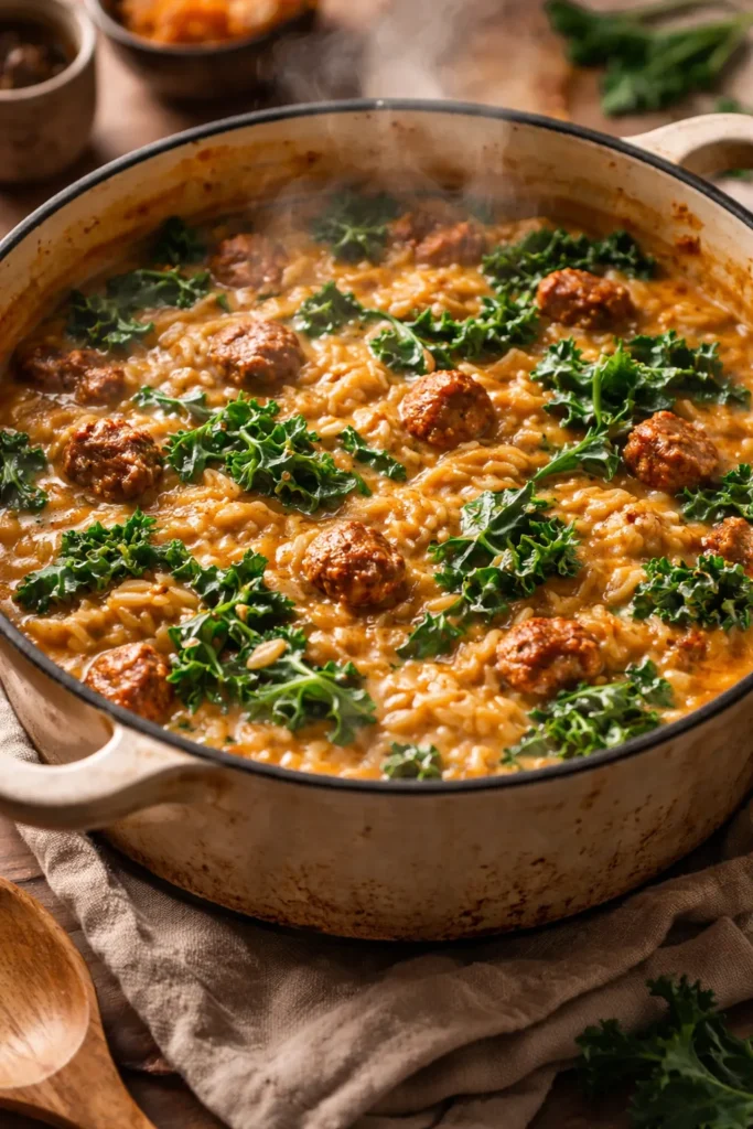 Creamy pumpkin orzo with sausage and kale in a rustic pot.