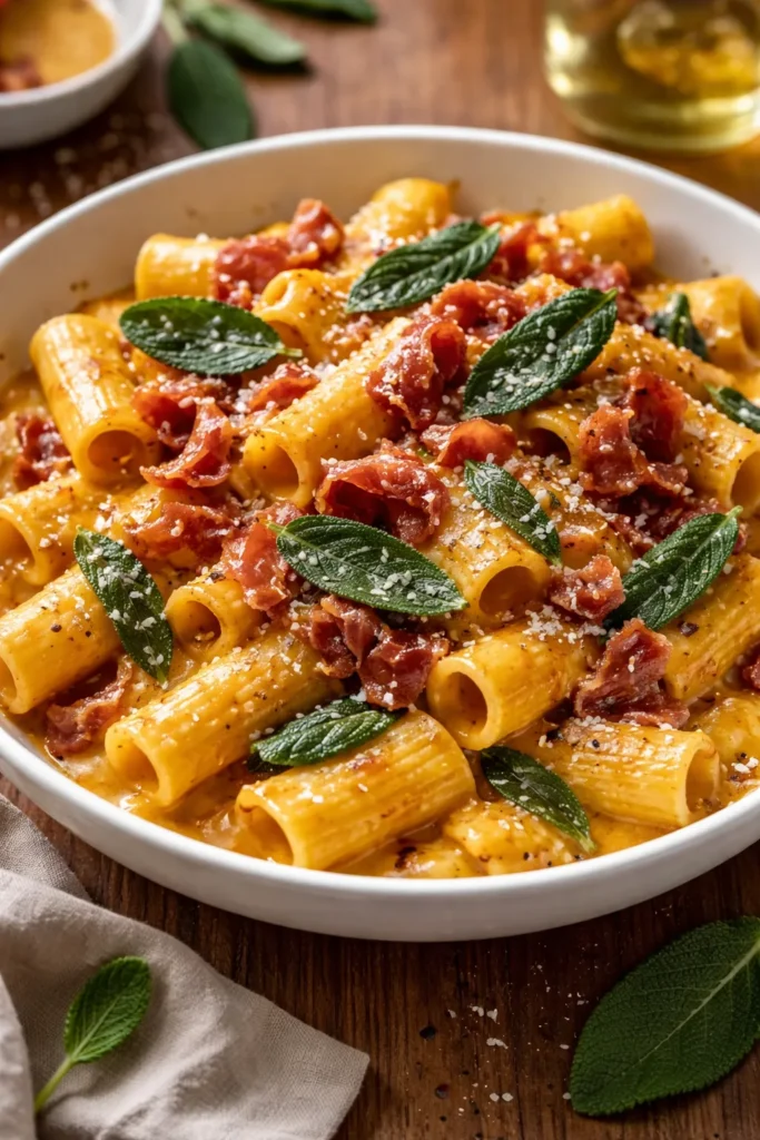 Rigatoni pasta in creamy pumpkin sauce topped with crispy prosciutto and sage leaves