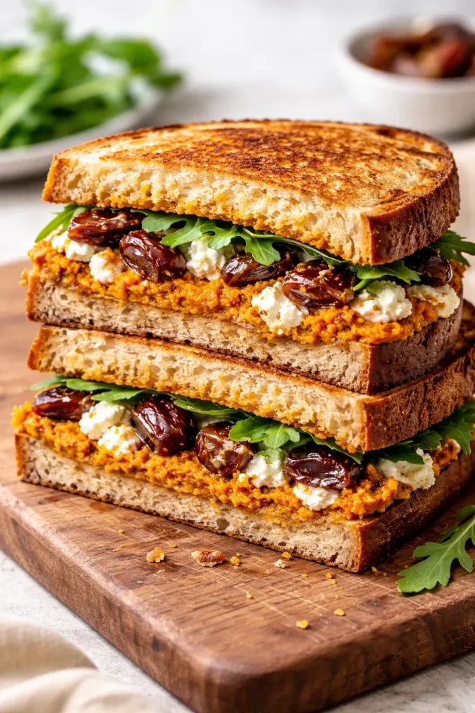 Toasted sandwich with pumpkin pesto spread, creamy goat cheese, and sweet chopped dates