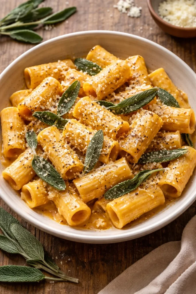 Creamy pumpkin sage rigatoni in a bowl with sage leaves