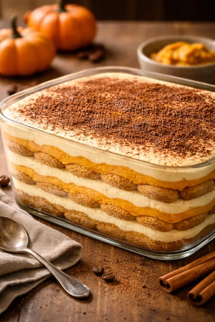Layered pumpkin tiramisu dessert with mascarpone cream and cocoa powder dusting