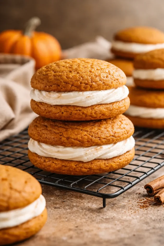 Stack of pumpkin whoopie pies with thick cream cheese frosting filling