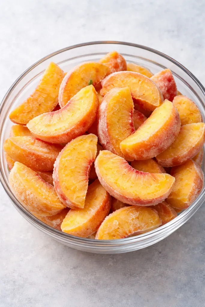 Quality frozen peach slices in a clear bowl