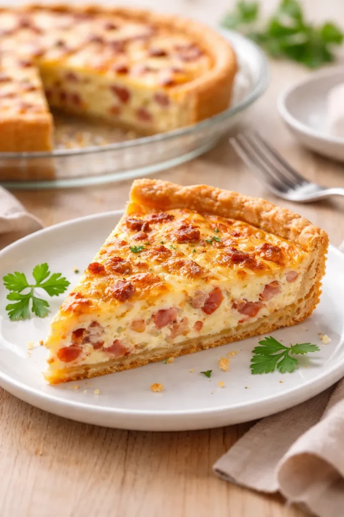 Slice of Quiche Lorraine showing custard and bacon