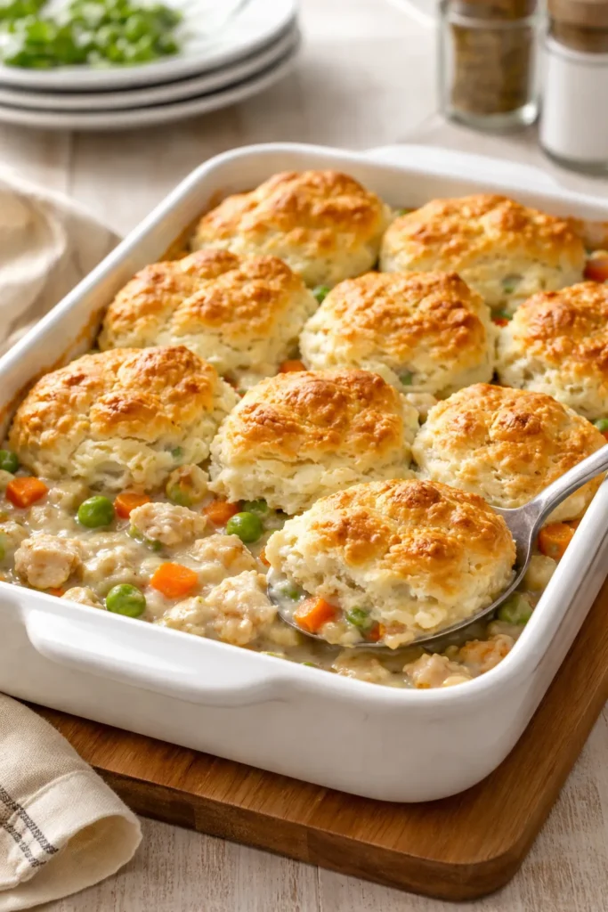 Bisquick chicken bake with golden biscuits on top