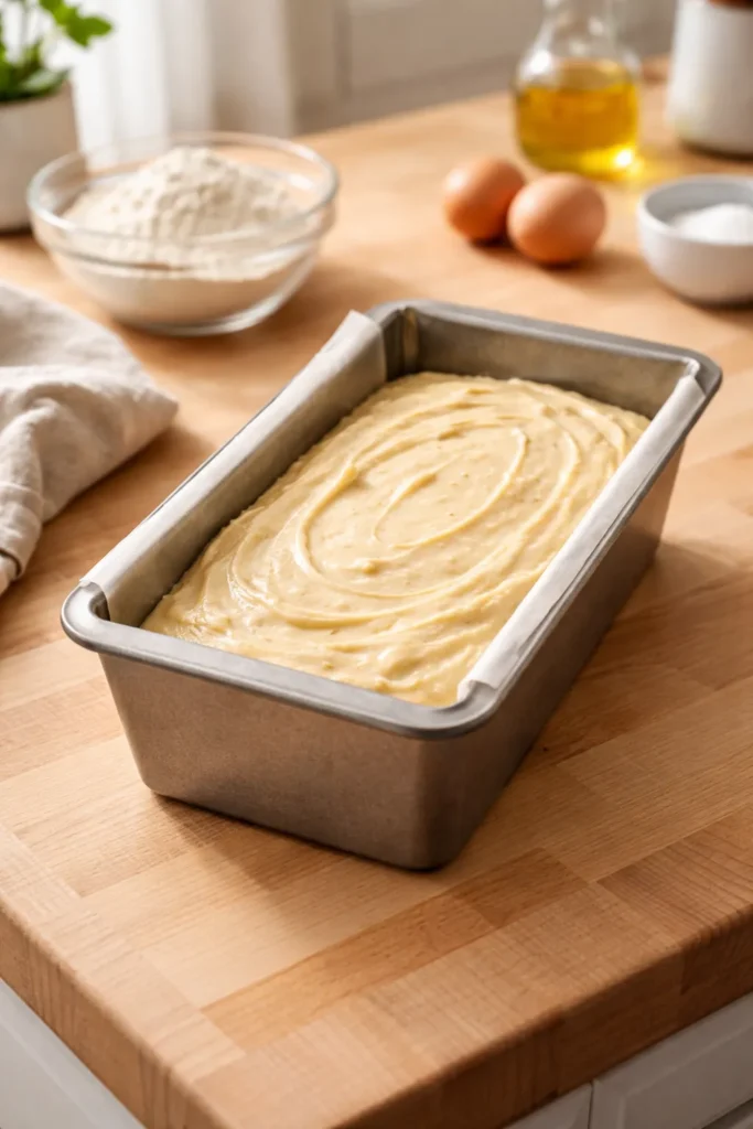 Loaf pan with batter on wooden counter, ready to bake