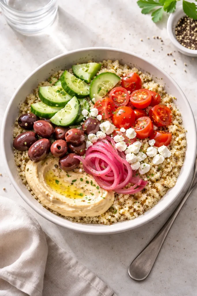 Close-up of a Mediterranean quinoa bowl with cucumber, tomatoes, olives, onion, feta, and hummus