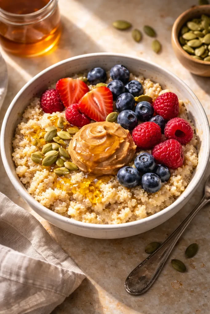 Quinoa breakfast bowl with berries and almond butter on a wooden surface