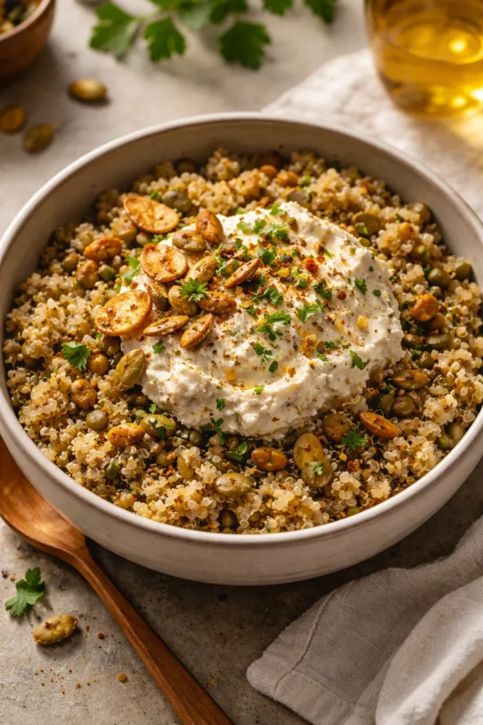 Close-up of Garlicky Quinoa and Lentils with Tofu Ricotta bowl showing quinoa, lentils, and white tofu ricotta with garlic chips.