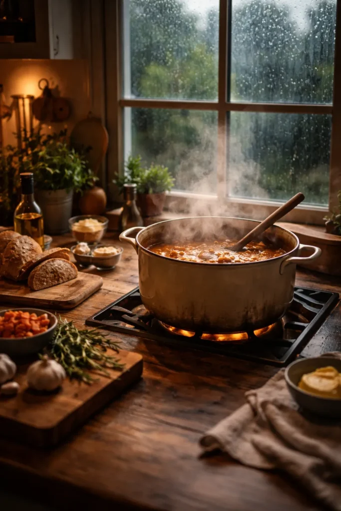 Cozy kitchen with steaming pot and rain on window
