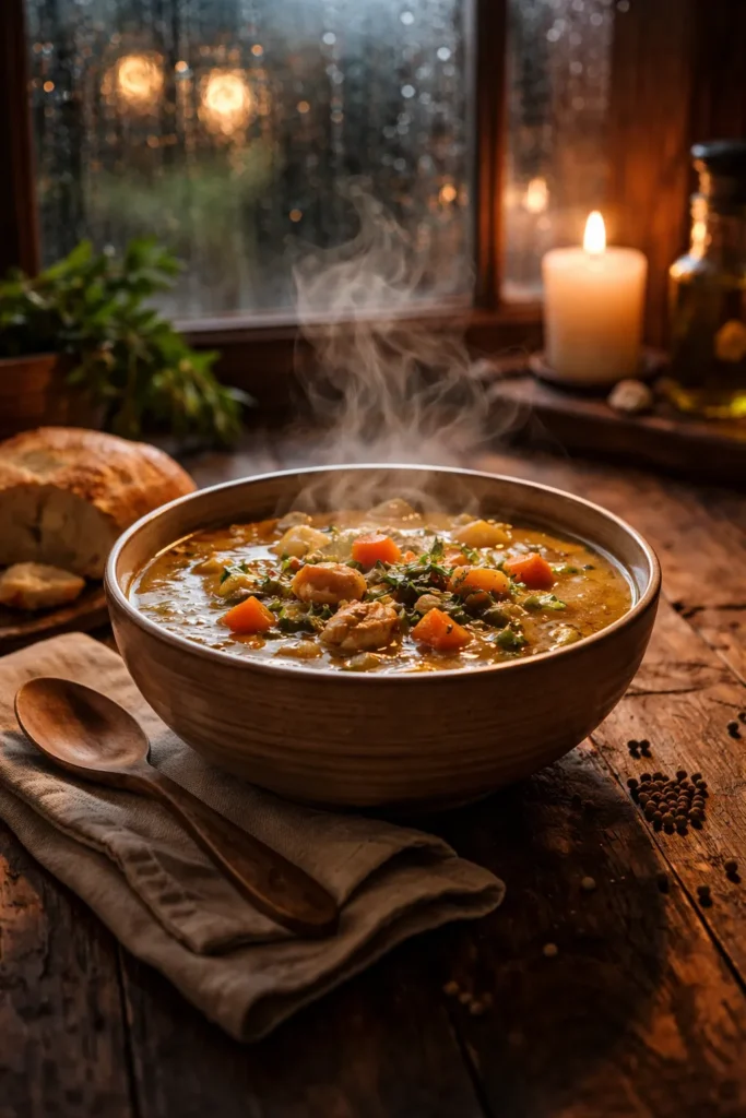 Steaming bowl of soup on a wooden table with a rain-speckled window in a cozy kitchen.